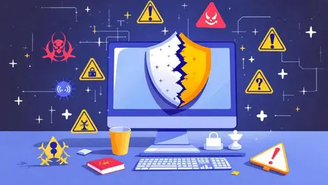 Detailed illustration unprotected computer digital hazard symbols broken shield expired software vulnerabilities