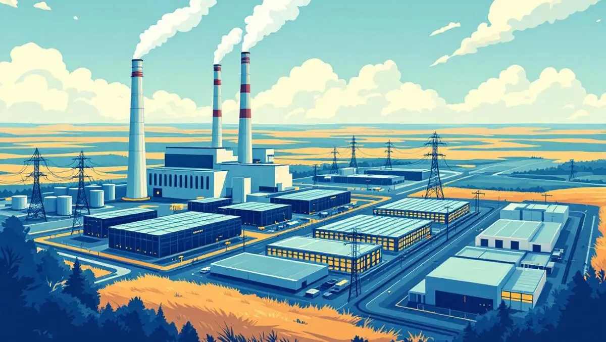 Power plant smokestacks connected to modern data center canadian prairie