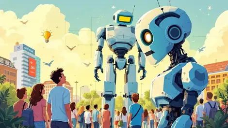 Concerned australian people facing large robot government buildings tech automation urban environment