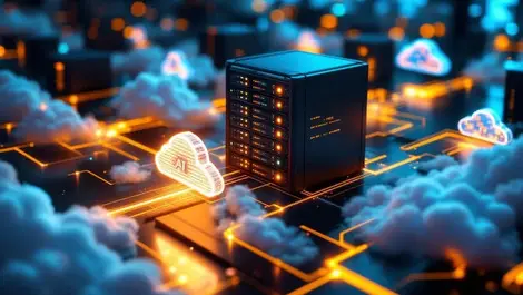 Realistic interconnected cloud servers glowing data streams ai technology
