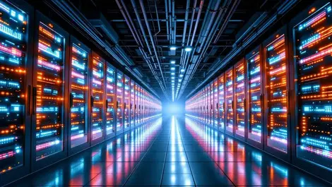 Realistic modern data center interior server racks liquid cooling technology