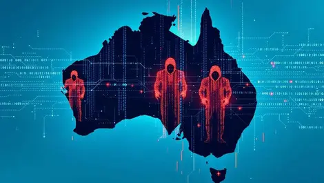 Abstract digital map australia shadowy figures binary code cyberattack