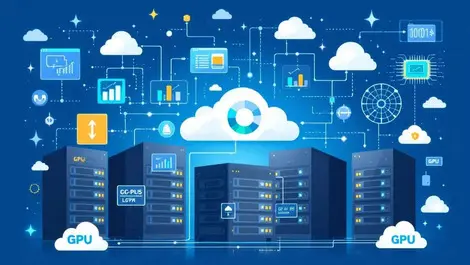 Detailed illustration server racks cloud icons data flow charts gpu chips