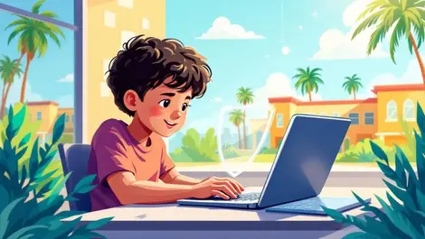 Child using laptop safely digital shield california school palm trees