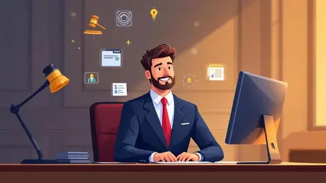 Realistic illustration lawyer using computer with digital automation icons