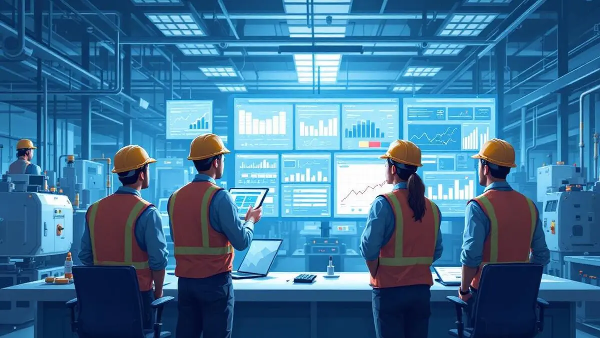 Modern factory interior managers analyzing digital dashboards production data