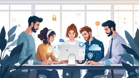 Young professionals collaborating digital security cloud ai cybersecurity