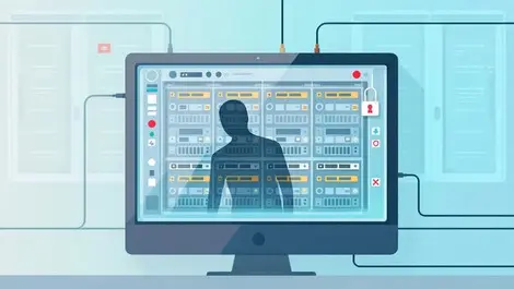 Illustration computer server virtual machines shadowy malware network wires secure data center