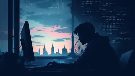Moody silhouette person anxious shadowy computer london skyline dusk personal data leaks