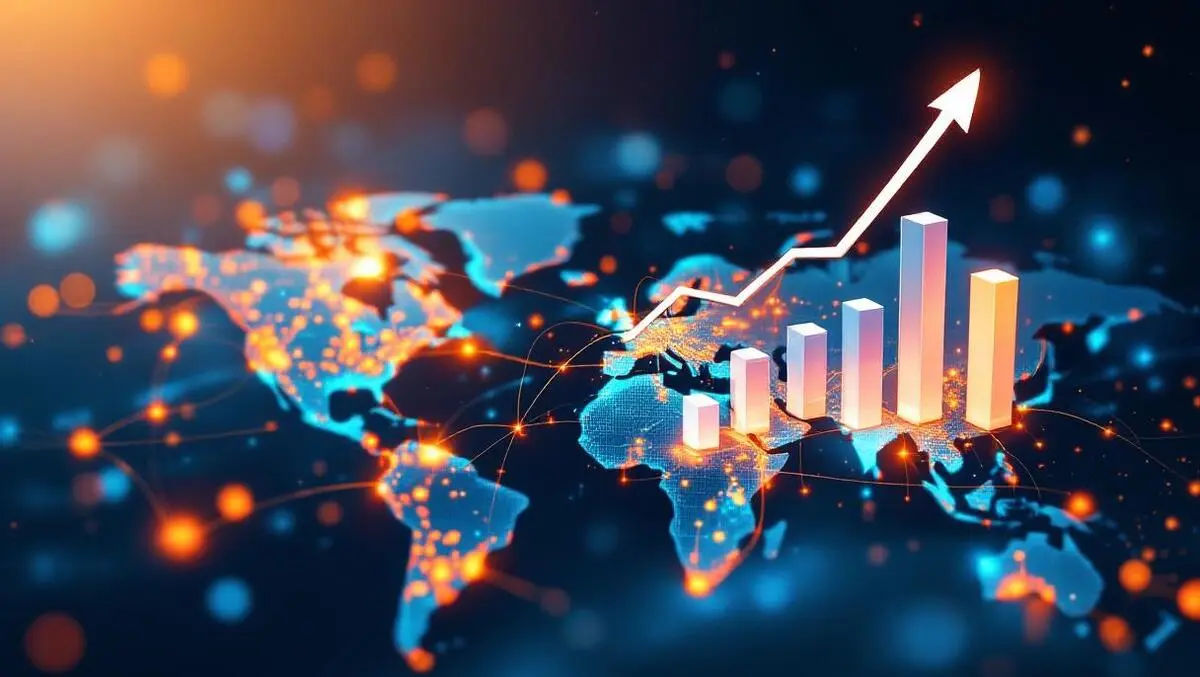 Global business growth bar graphs data streams world continents illustration
