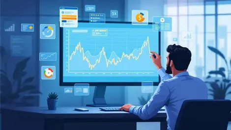 Financial analyst examining fluctuating graph lines credit ratings risk assessment modern office