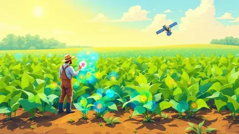 Farmer examining healthy green crops field soil nutrients satellite tech