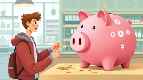 Young british person supermarket checkout piggy bank pension growth symbols