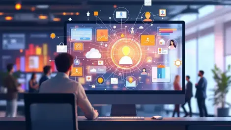 Computer screen with dynamic product images ai network connections modern office collaboration