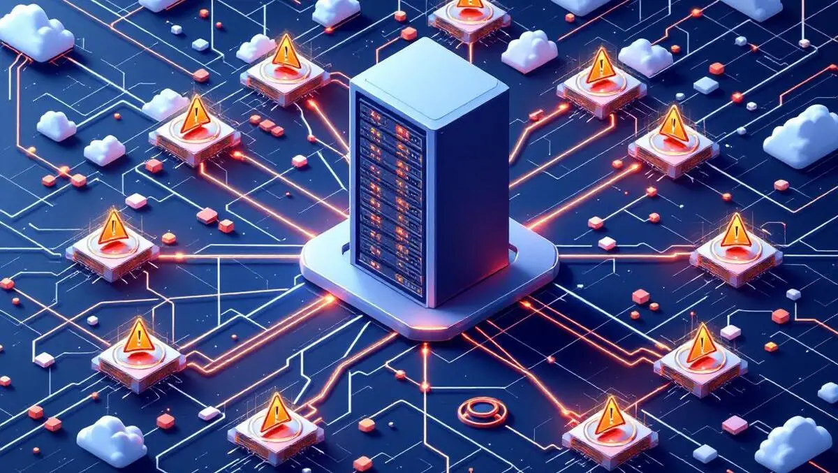Large central server hub with interconnected web lines and warning signs symbolizing internet disruption