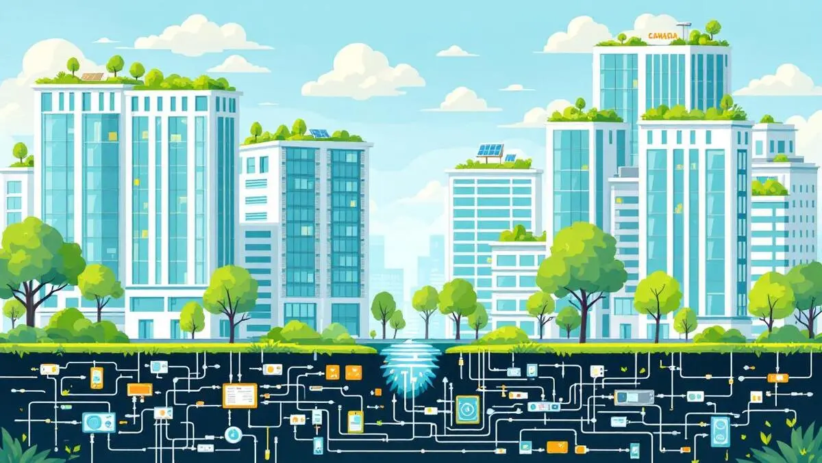 Modern canadian office buildings green rooftops solar panels trees disconnected it cables