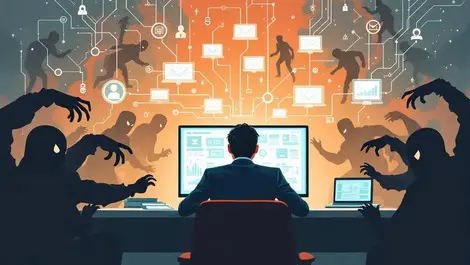 Business person monitoring network digital devices with cyber threats shadowy figures