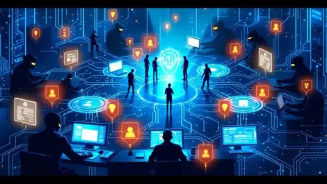 Digital illustration network computer servers shadowy infiltrators vigilant professionals monitoring screens