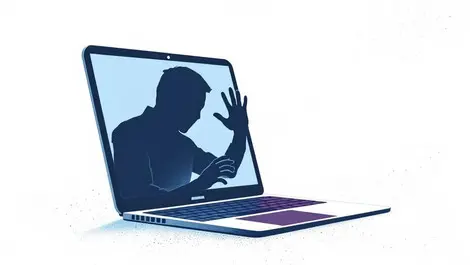 Laptop shadowy figure reaching through screen unauthorized access device takeover