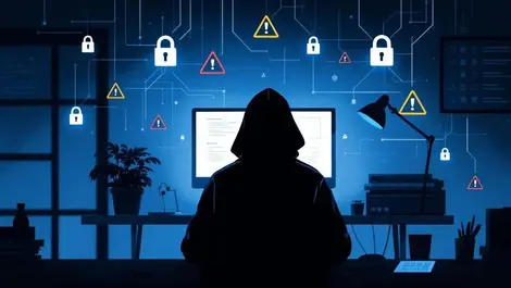 Shadowy figure computer dark office digital locks warning cyber threats nz businesses