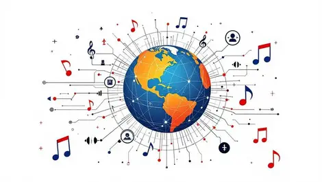 Digital globe with musical notes sound waves and data lines music tech globe