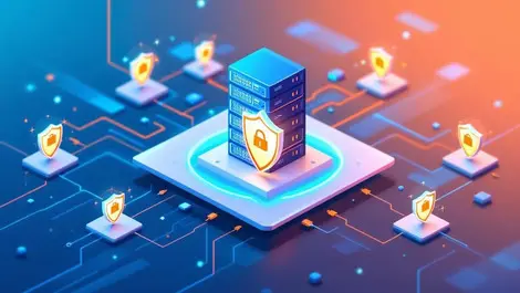 Illustration interconnected computer servers network cables shields secure it infrastructure automation intelligent agents