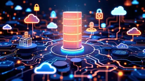 Interconnected data servers cloud symbols digital lines ai integration computing