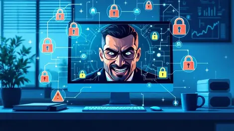 Realistic business office computer suspicious face morphing digital security locks warning symbols