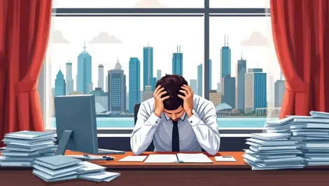 Stressed australian office worker sydney cityscape burnout work pressure