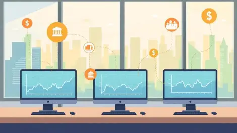 Computer screens financial data connected to australian bank symbols in office