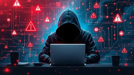 Hooded figure ai cyber attack digital illustration red warnings network
