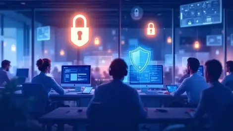 Realistic corporate office employees computers digital locks shields online security protection cyber threats
