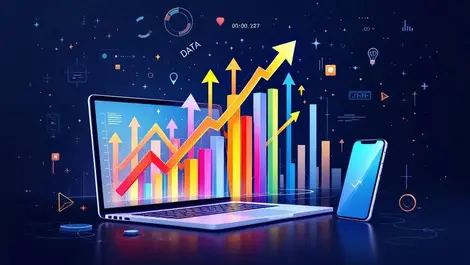 Digital illustration colorful graphs upward arrows laptop smartphone ai growth