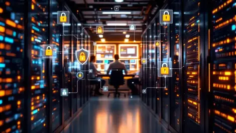 Modern it workspace new zealand glowing server racks security dashboards