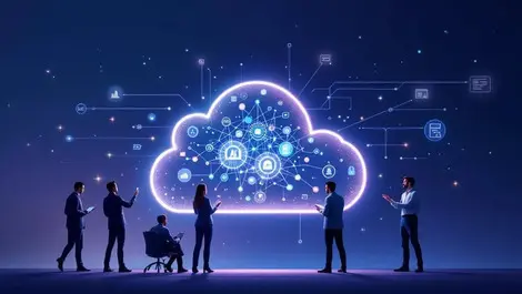 Business professionals collaborating around glowing cloud ai data transformation
