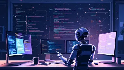 Night office engineer with agentic ai robot arm coding screens