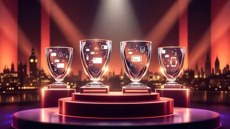 London awards podium glass trophies digital payment icons scene