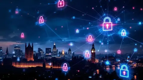 Uk night city skyline parliament ai cyber attack locks breaches