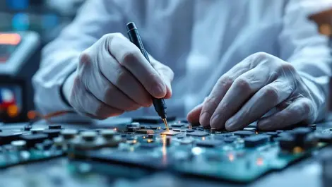 Engineer testing complex pcb in european lab french flag bokeh