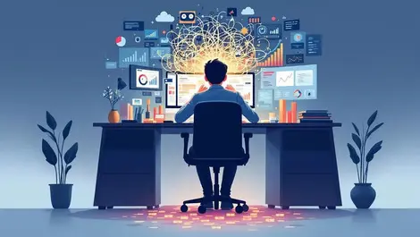 Overwhelmed pro with tangled dashboards over clear data foundation