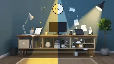 Split home office focus vs distraction clock 2 3 hours scene