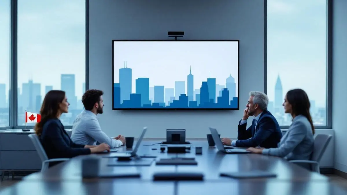Canadian office meeting room video conference skyline flag