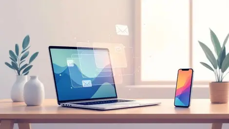 Minimalist laptop phone workspace integrated ai tools flowing light