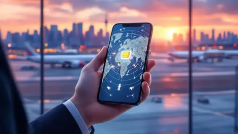 Business traveler smartphone global esim network airport sunrise