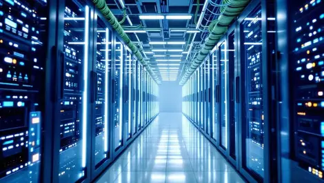 Cinematic modern cloud data center aisle ai servers green blue