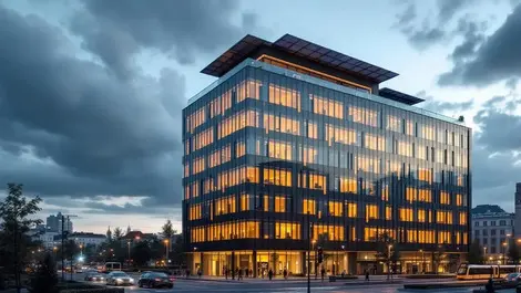 Frankfurt smart office building dusk solar panels trams city