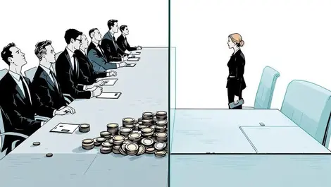 Gender pay promotion gap men dominated boardroom glass coins