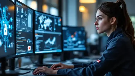 Young canadian woman in campus cybersecurity lab with threat maps