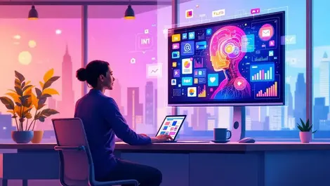 Nyc marketer with abstract ai organizing media icons charts